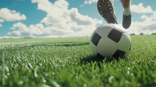 A soccer ball at the feet of a player  outdoor setting on a grassy field  Natural style