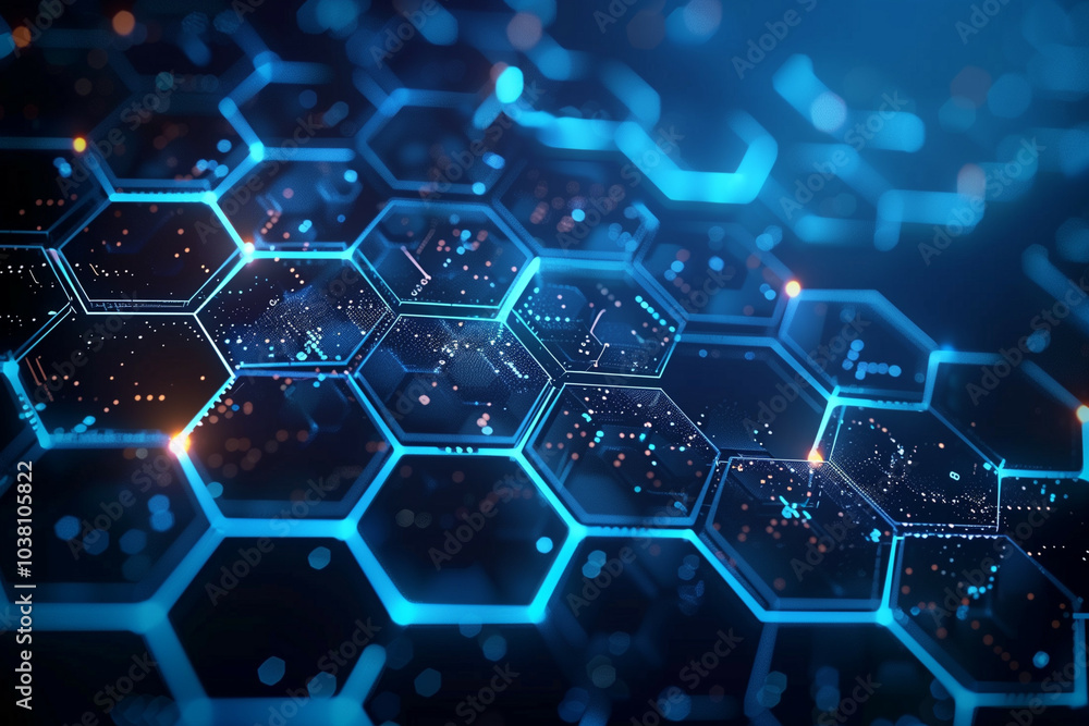 An abstract digital background featuring a network of glowing blue hexagons with dynamic data points An abstract digital background featuring a network of glowing blue hexagons with dynamic data points