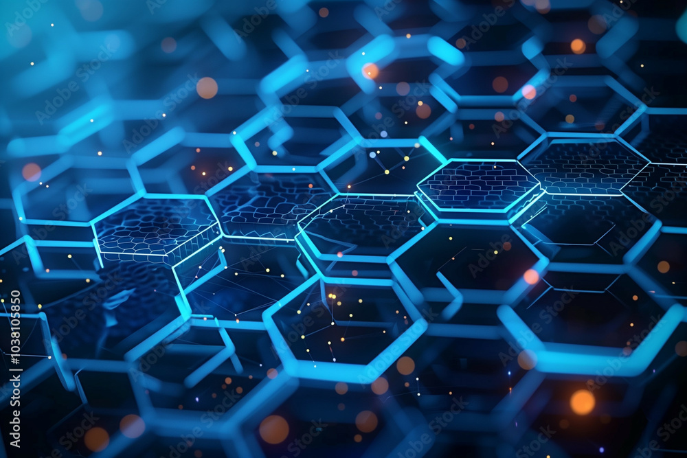 An abstract digital background featuring a network of glowing blue hexagons with dynamic lights and connections for a futuristic tech concept An abstract digital background featuring a network of glowing blue hexagons with dynamic lights and connections for a futuristic tech concept