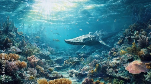 Prehistoric coral reefs populated by ancient invertebrates and early fish species.