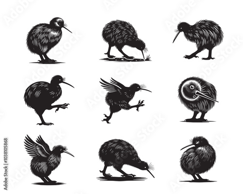 Collection of kiwi Animal silhouettes Design - kiwi Vector illustration in black and white