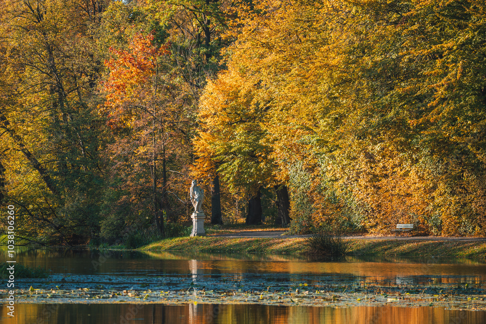 Autumn in the park. Beautiful autumn colors in the park. Autumn landscape with lake and trees Autumn in the park. Beautiful autumn colors in the park. Autumn landscape with lake and trees