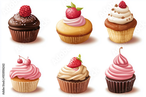  set of cupcakes with different flavors and toppings, including chocolate, strawberry, and vanilla