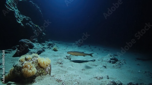 Prehistoric jawless fish swimming near the seafloor, surrounded by early marine invertebrates. photo