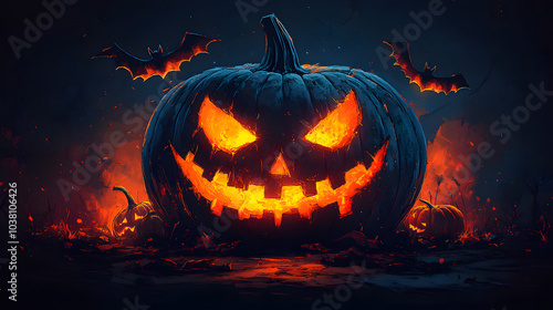 Simple Dark Blue Halloween Background Featuring a Single Glowing Pumpkin, Perfect for Seasonal Decorations and Spooky-Themed Designs. 