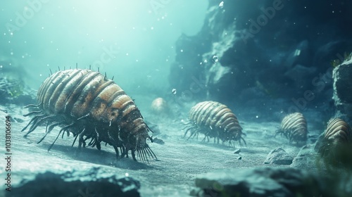 Primitive sea creatures like trilobites and brachiopods crawling along the seafloor of a primeval ocean. photo