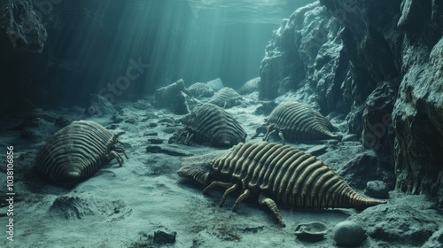 Trilobites crawling along the ocean floor, surrounded by brachiopods and other ancient marine life. photo