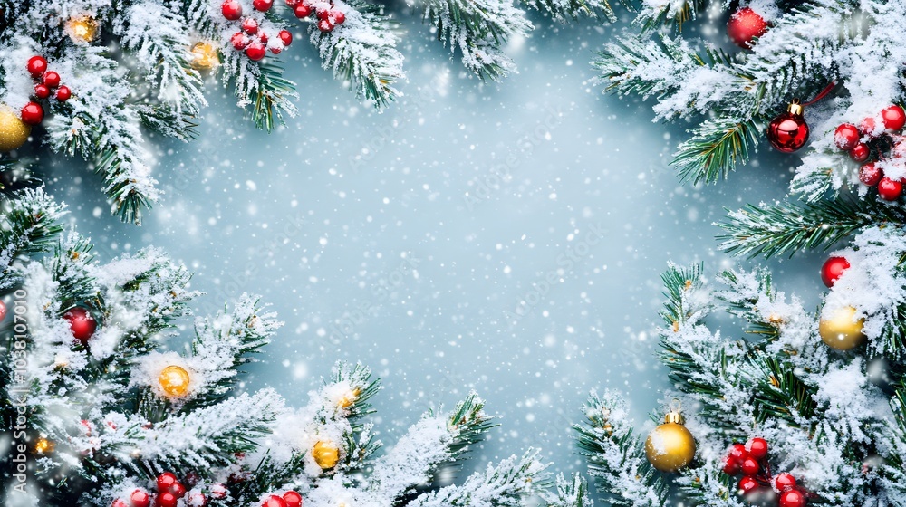 Snowy Christmas Tree Branches with Red Berries and Ornaments Snowy Christmas Tree Branches with Red Berries and Ornaments