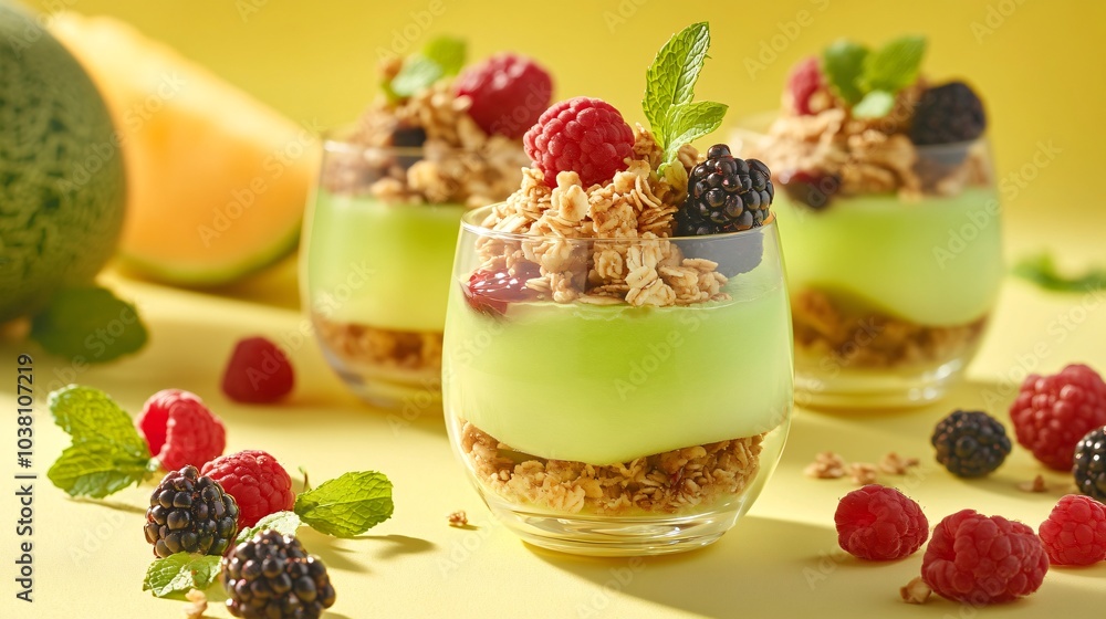 Honeydew melon and berry parfait, isolated on a bright yellow background with decorative granola and mint sprigs Honeydew melon and berry parfait, isolated on a bright yellow background with decorative granola and mint sprigs