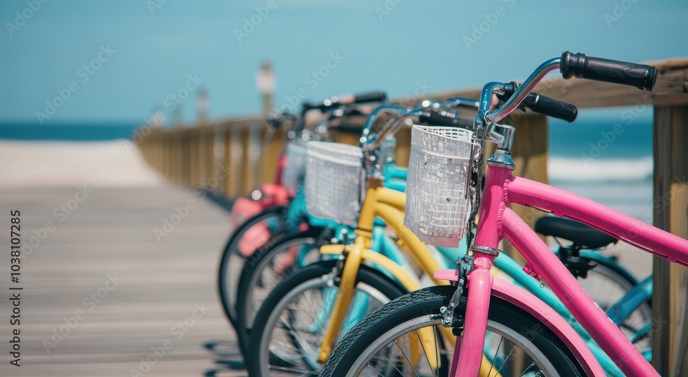 Fototapeta premium A row of colorful bicycles lined up along the boardwalk, each bike featuring different colors and designs. 