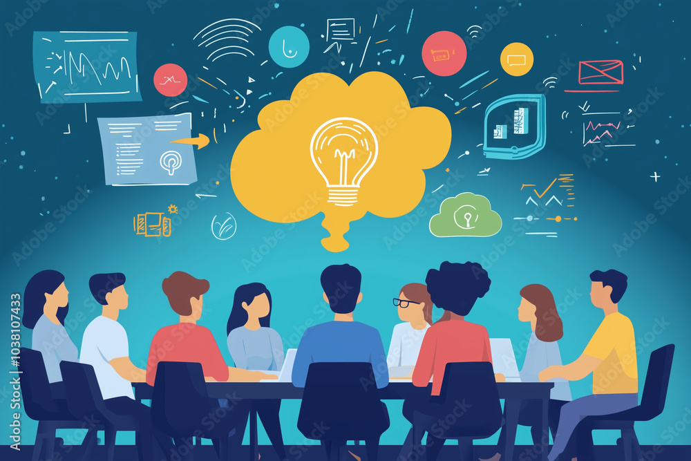 group of people are sitting around a table with a light bulb in the middle. The light bulb is surrounded by a cloud of ideas and the people are working together to come up with new ideas group of people are sitting around a table with a light bulb in the middle. The light bulb is surrounded by a cloud of ideas and the people are working together to come up with new ideas