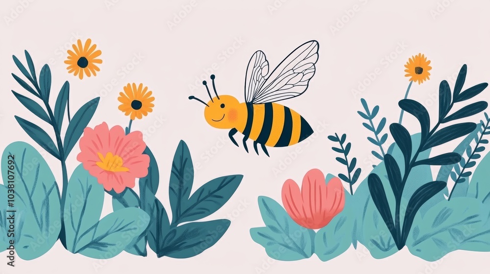 Obraz premium Cute Bee Flying Over Flowers and Leaves Illustration