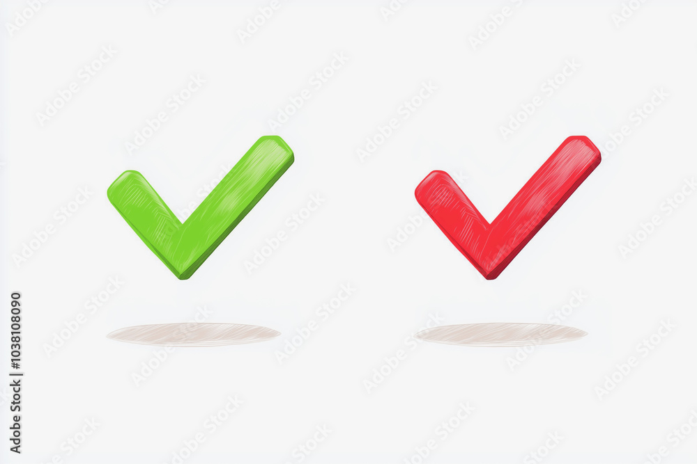 Two green and red check marks are shown side by side. The green check mark is on the left and the red check mark is on the right Two green and red check marks are shown side by side. The green check mark is on the left and the red check mark is on the right