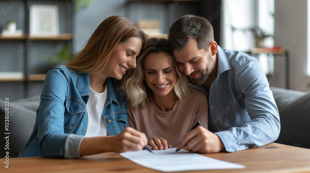 Three adults signing a document. Three adults signing a document.