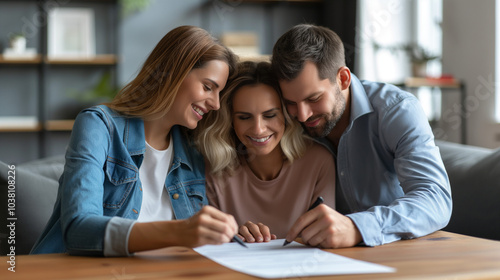 Three adults signing a document.