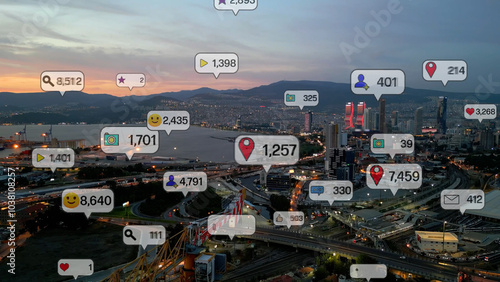 Social media icons fly over city downtown showing people engagement connection through social network application platform . Concept for online community and social media marketing strategy . High