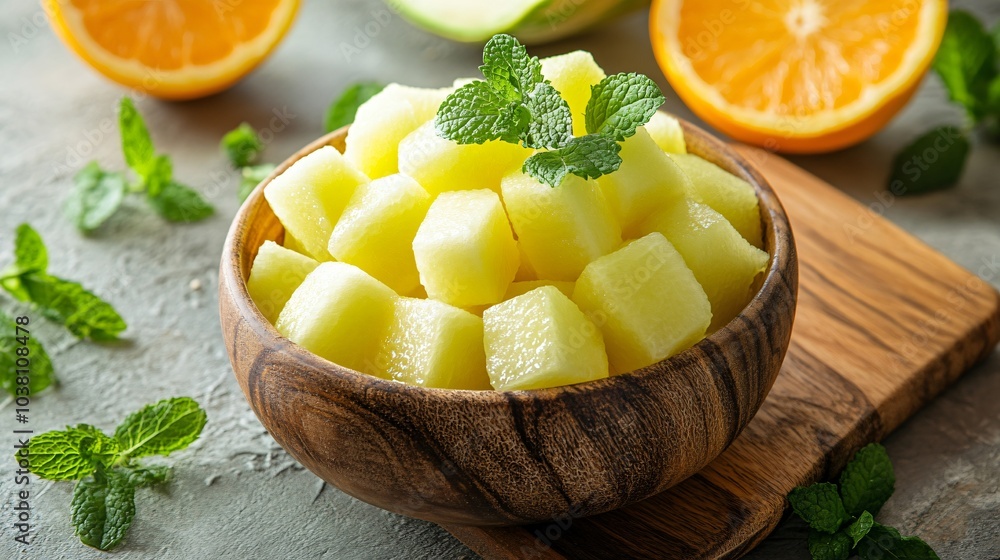 Honeydew melon cubes in a fruit salad bowl, isolated on a wooden board with sprigs of mint and citrus slices Honeydew melon cubes in a fruit salad bowl, isolated on a wooden board with sprigs of mint and citrus slices