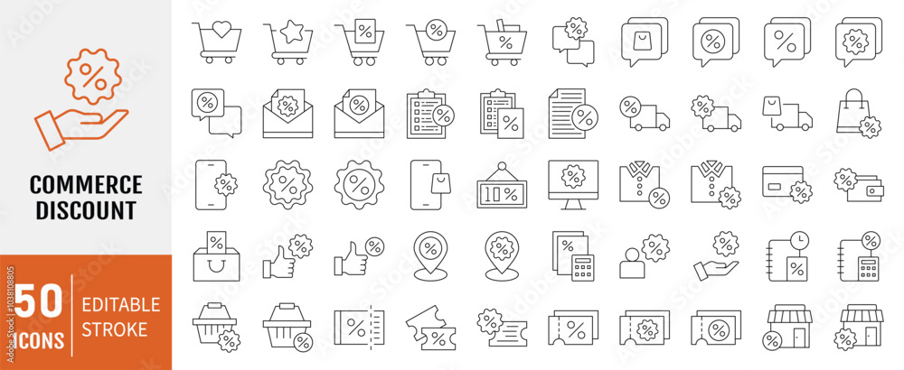 Commerce discount icon collection set. Containing discount, voucher, message, marketing icon. Simple line vector illustration Commerce discount icon collection set. Containing discount, voucher, message, marketing icon. Simple line vector illustration