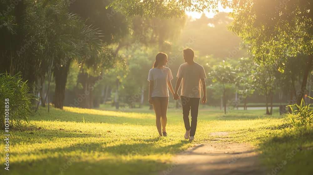 A young couple walks hand-in-hand down a path in a park, lit by the warm glow of the setting sun. A young couple walks hand-in-hand down a path in a park, lit by the warm glow of the setting sun.
