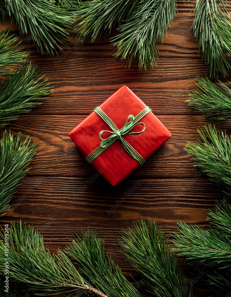Top view of red and green gift box on pine branches on wooden table Top view of red and green gift box on pine branches on wooden table