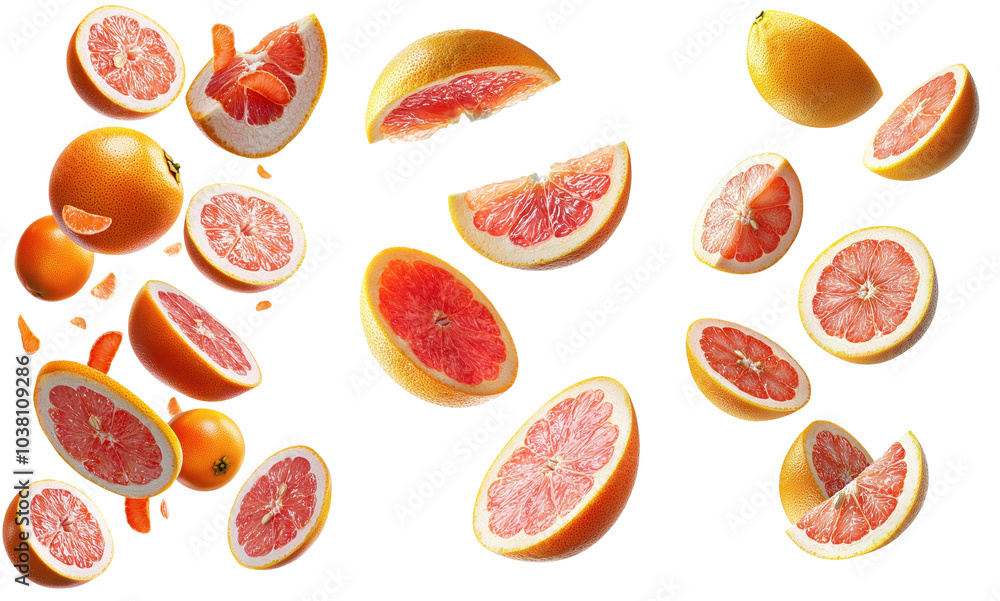 A vibrant arrangement of sliced oranges and grapefruits floating against a white background, showcasing their juicy interiors and bright colors. transparent background A vibrant arrangement of sliced oranges and grapefruits floating against a white background, showcasing their juicy interiors and bright colors. transparent background