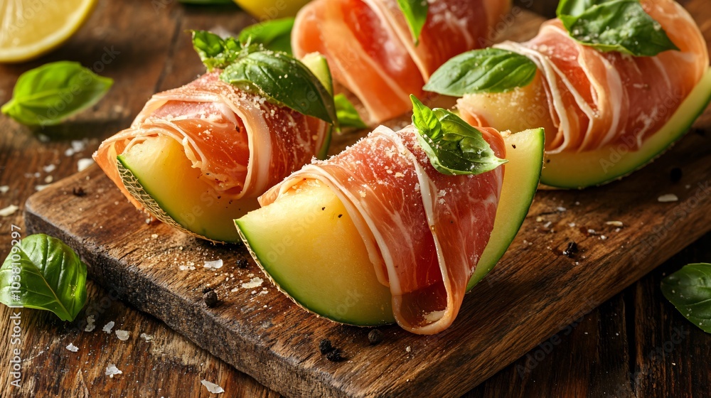 Honeydew melon slices wrapped in prosciutto, isolated on a rustic wooden board with fresh basil and lemon zest