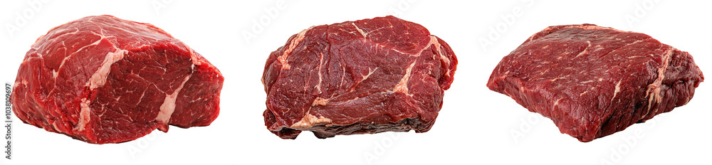 Three cuts of high-quality marbled beef on a white background, showcasing rich red meat and unique textures, ideal for gourmet dishes. transparent background Three cuts of high-quality marbled beef on a white background, showcasing rich red meat and unique textures, ideal for gourmet dishes. transparent background