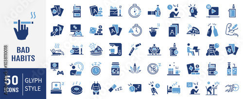 Bad habits icon collection. Containing smoking, drunk, stay up, junk food, playing card, gambling, over sleep and addiction icons. Simple flat vector illustration