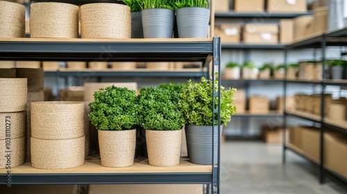 A modern storage area with neatly arranged potted plants on shelves and boxes in the background, creating a vibrant and organized atmosphere.