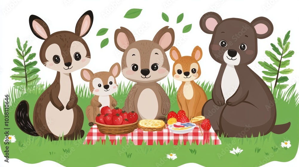 Cute Animal Friends Having a Picnic in the Grass Cute Animal Friends Having a Picnic in the Grass