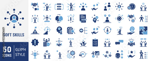 Soft Skills icon set. Containing  leadership, attitude, work ethics, critical thinking, problem solving, teamwork and public speaking icons. Simple flat vector illustration.