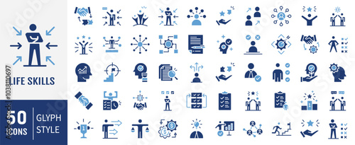 Life Skills icon set. Containing  leadership, attitude, work ethics, critical thinking, problem solving, teamwork and public speaking icons. Simple flat vector illustration.