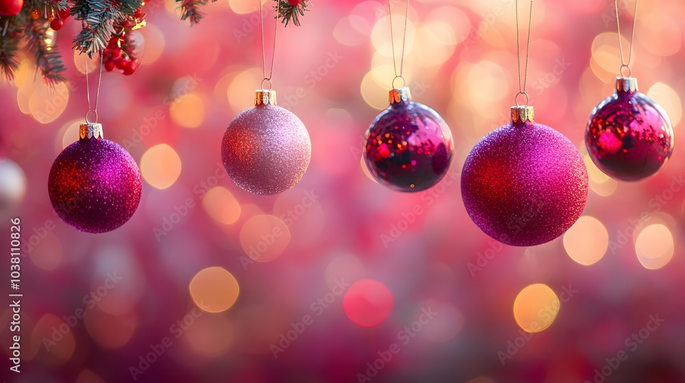 Pink and Silver Christmas Ornaments Hanging on a Christmas Tree with Bokeh Lights in the Background Pink and Silver Christmas Ornaments Hanging on a Christmas Tree with Bokeh Lights in the Background