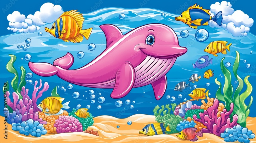 Cartoon Pink Dolphin Swimming in Ocean with Fish and Coral Reef Stock ...