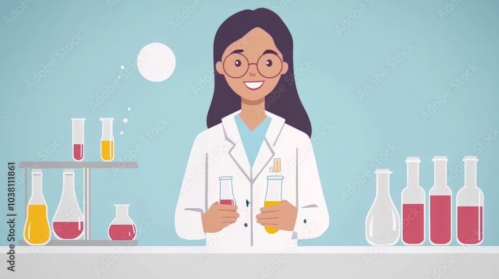 Female Scientist Holding Beaker Chemistry Lab Research Experiment Female Scientist Holding Beaker Chemistry Lab Research Experiment