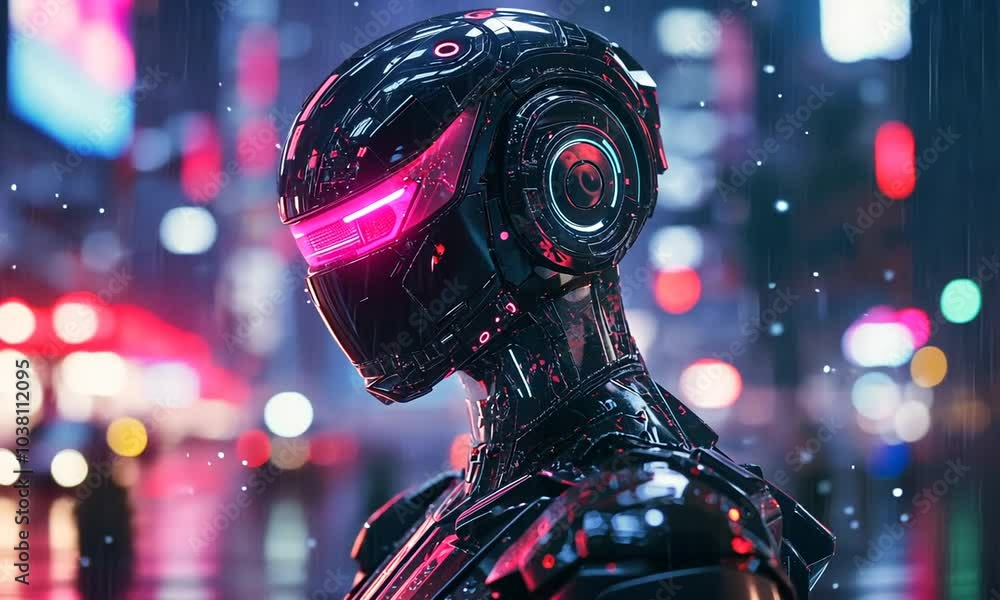 Cybernetic Humanoid in a Neon Cityscape Cybernetic Humanoid in a Neon Cityscape