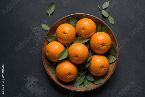 Ripe mandarins with leaves, mandarin orange in wooden plate on grunge background. View from above
 photo