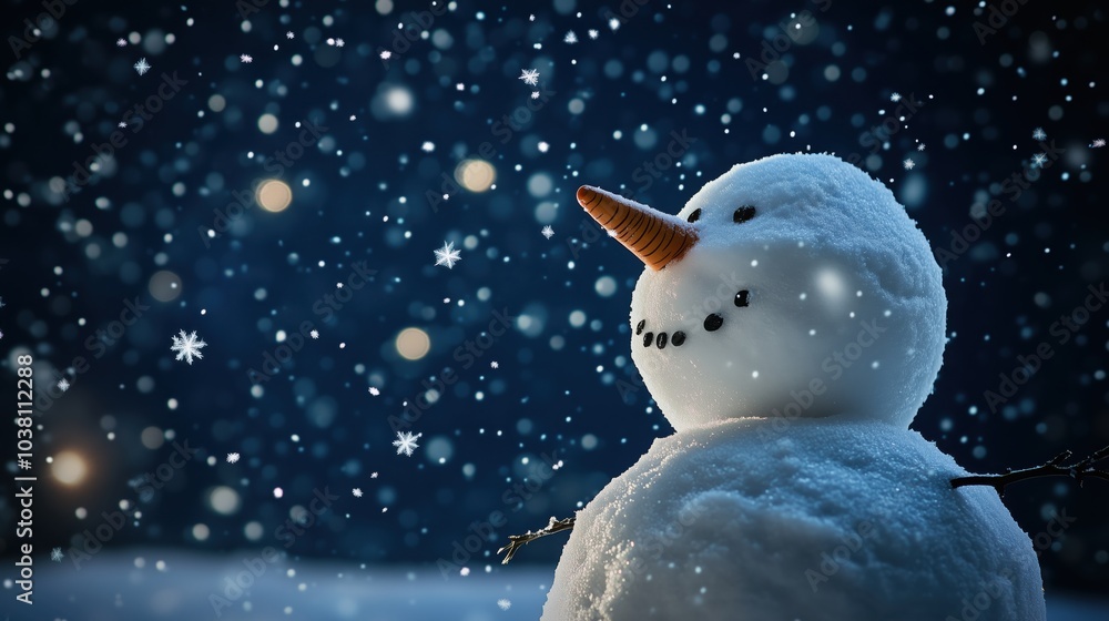 Obraz premium Fröhlicher Schneemann im Schneefall