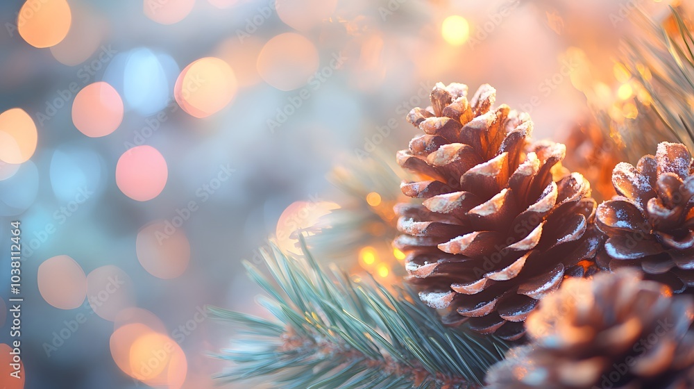 A Snowy Pine Cone With a Blurred Background of Christmas Lights A Snowy Pine Cone With a Blurred Background of Christmas Lights