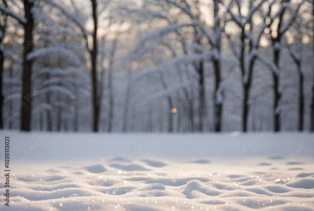 Fototapeta premium Snowy winter landscape, blurred forest background. Christmas backdrop