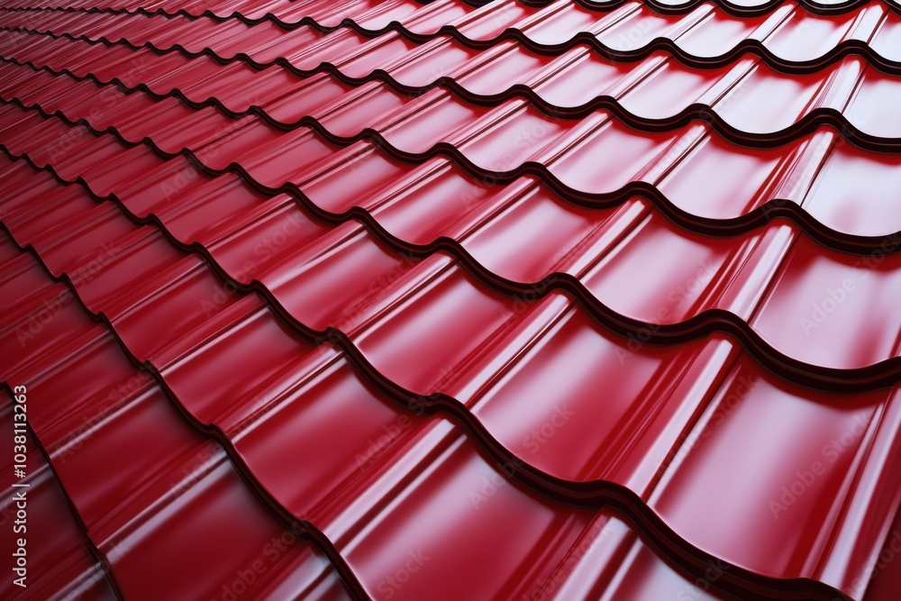 A close-up view of red metal roofing tiles showcasing their wavy design and shiny finish, commonly used in construction. A close-up view of red metal roofing tiles showcasing their wavy design and shiny finish, commonly used in construction.