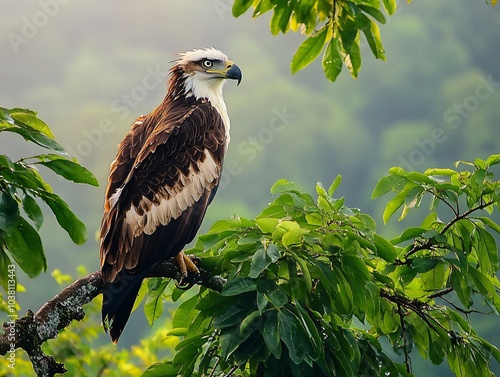 Majestic Philippine Eagle Perched on a Tree with Soft Natural Blurred Background photo