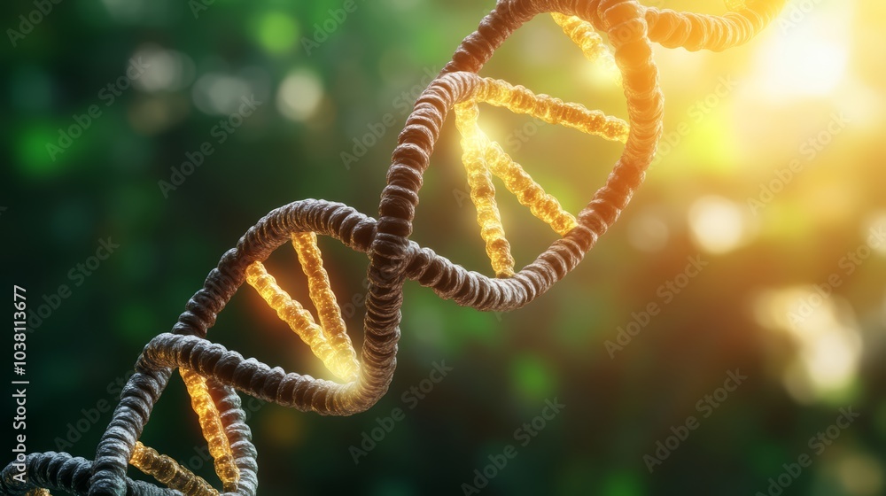 A close-up view of a DNA double helix with a glowing effect against a natural background. A close-up view of a DNA double helix with a glowing effect against a natural background.