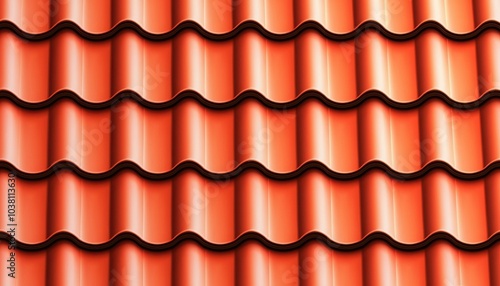 A close-up view of interlocking red roof tiles, showcasing their wavy design and texture.