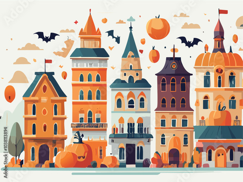 ハロウィンの雰囲気のある建物とかぼちゃの背景素材