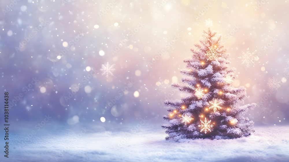 A Snowy Christmas Tree with Sparkling Lights and Falling Snow A Snowy Christmas Tree with Sparkling Lights and Falling Snow