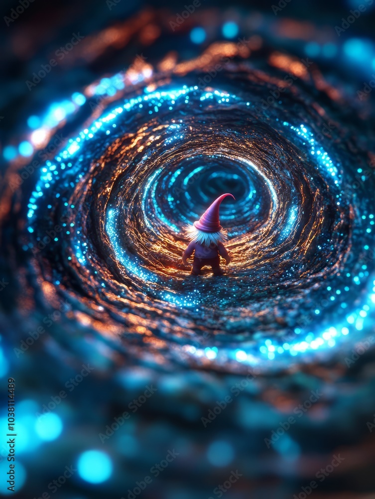 A whimsical gnome exploring a magical swirling tunnel of light. A whimsical gnome exploring a magical swirling tunnel of light.