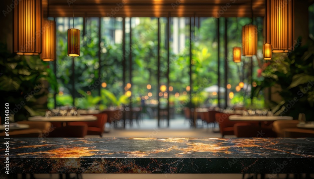 A stylish restaurant interior featuring a marble countertop, warm lighting, and lush greenery, creating an inviting dining atmosphere. A stylish restaurant interior featuring a marble countertop, warm lighting, and lush greenery, creating an inviting dining atmosphere.