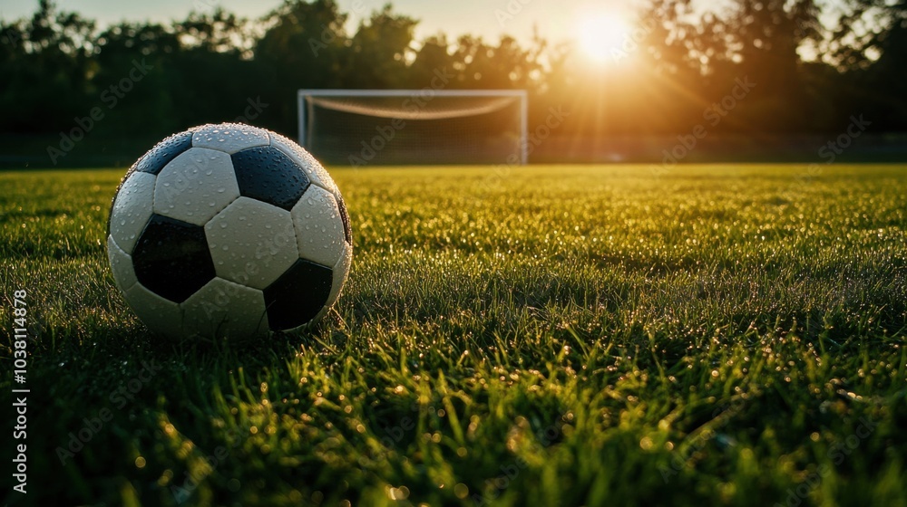 Obraz premium A soccer ball on grass with goalposts in the distance, early morning dew, Fresh style