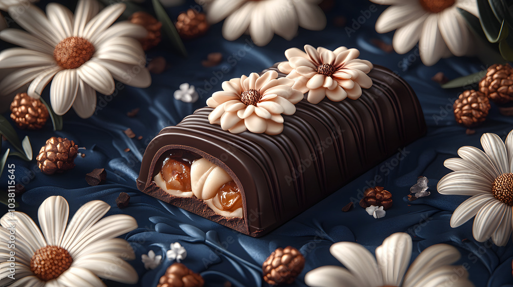 Charming Flat Design Vector for Premium Dark Navy Blue Packaging with a Tantalizing Chocolate Image and Floral Enhancements Charming Flat Design Vector for Premium Dark Navy Blue Packaging with a Tantalizing Chocolate Image and Floral Enhancements